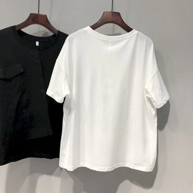 Unique Chic T Shirt Women Fashion Patchwork Design Short Sleeve T-shirt Casual Loose Niche Button Design Top Summer Trend Tshirt