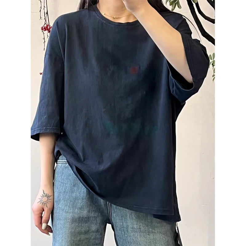 Masss Wasss 2025 Summer Fashion Tops Womens Printed Cartoon Loose O Neck T-shirts Females Classic Casual Vintage Cotton Clothes