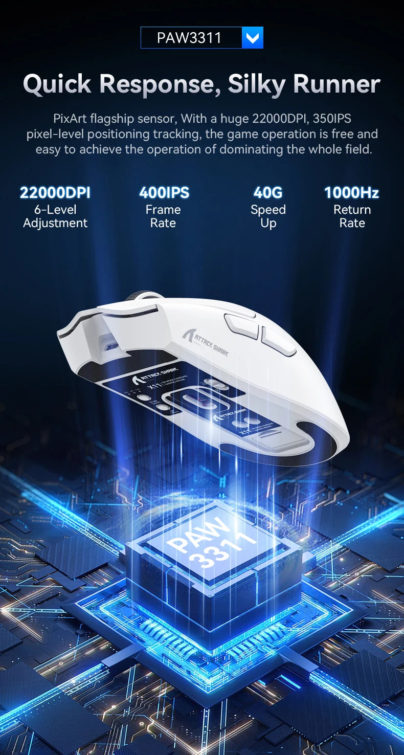 Attack Shark X11 3-Mode Connection /2.4GHz/Bluetooth ,PAW3311 ,400IPS,22K000DPI,RGB ,PC  Wireless Gaming Mouse