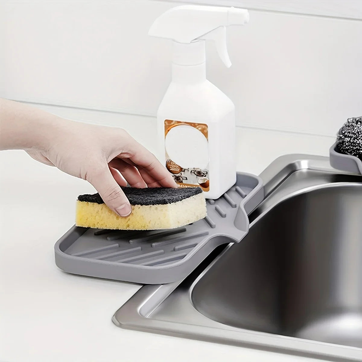 Multifunctional Silicone Sink Tray with Drain - Soap Holder, Sponge & Brush Organizer for Kitchen & Bathroom