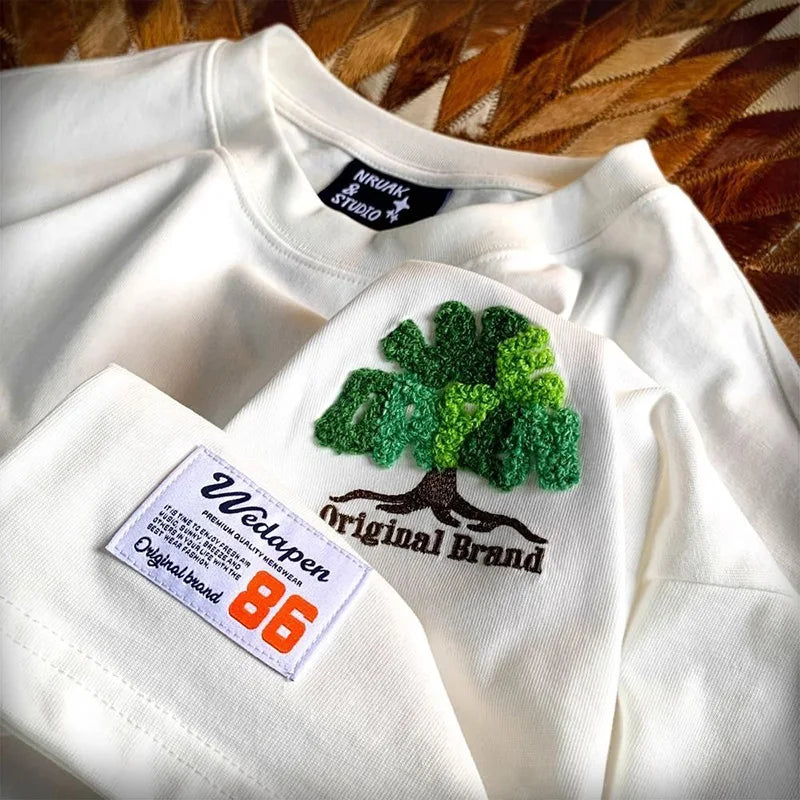 Summer New Chic Plant Embroidery Casual Pure Cotton T-Shirt Women Clothing Loose O-neck Vintage Lovers Short Sleeve Tops