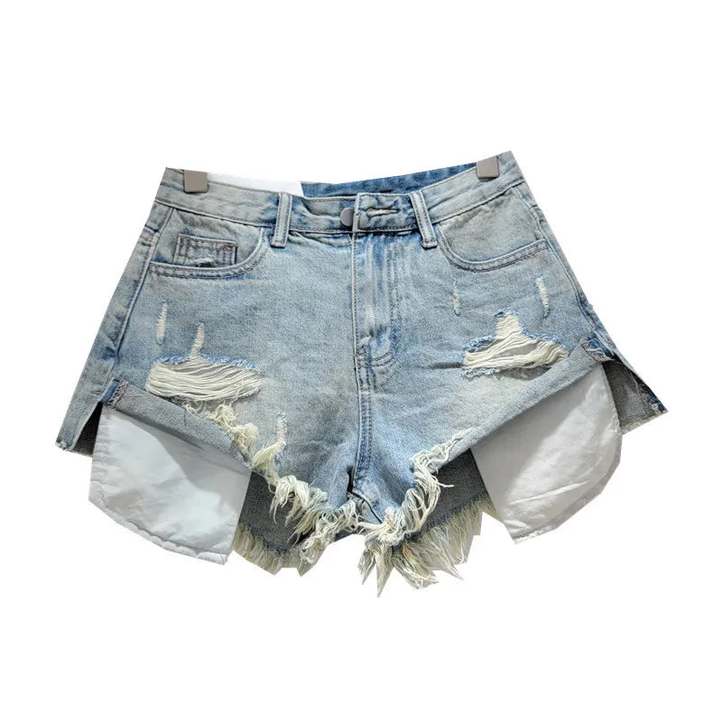 2025 Summer New Light Color Perforated Design Denim Shorts Women's Wide Legs Slim Fashion Ragged Edge A-line Ropa Mujer