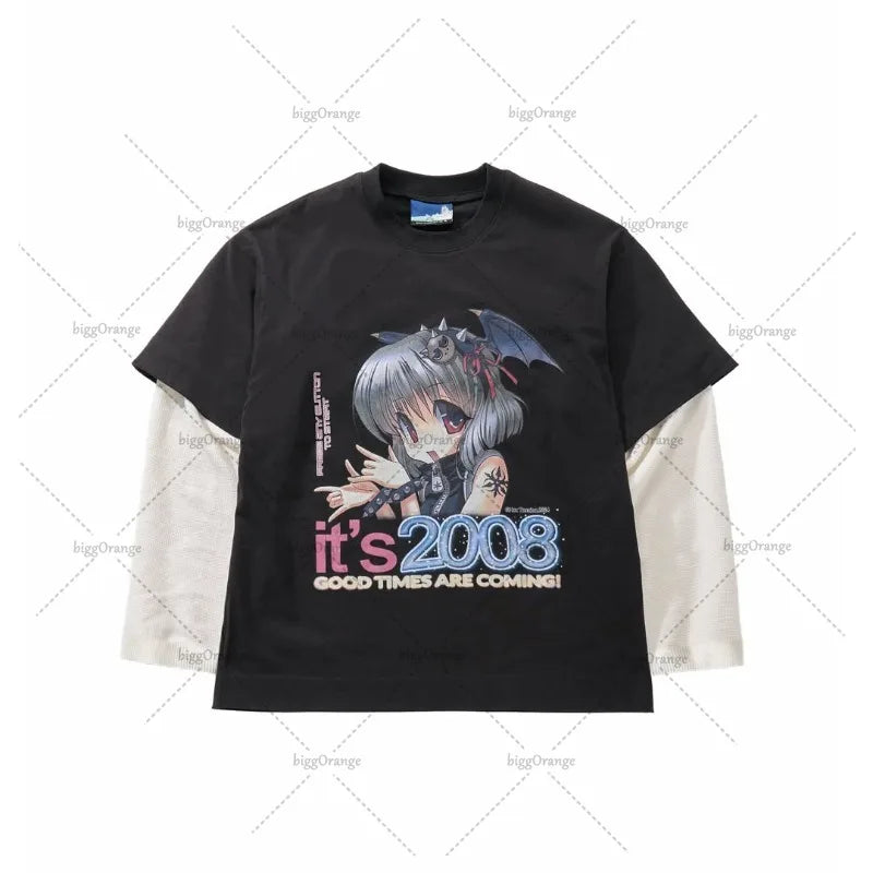 Kawaii Harajuku Y2K Streetwear Anime Graphic Tops Women Casual Round Neck Long Sleeve T-shirt Gothic Retro Fake Two-piece Men
