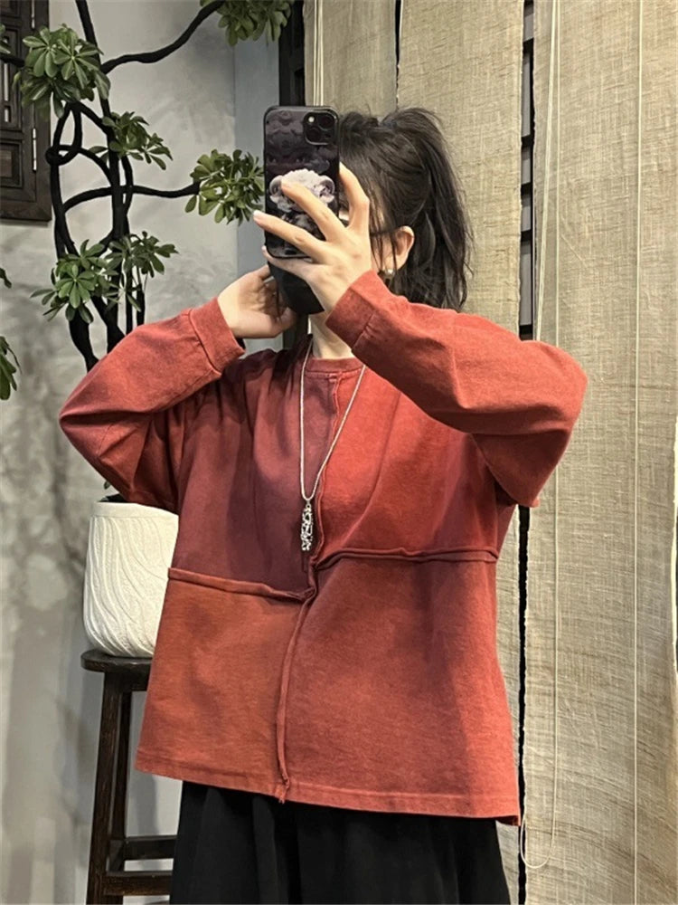 Amax luluE Womens Fashion Patchwork Harajuku Tops 2025 Spring Korean Style Ladies Loose Leisure T-Shirts Vintage Classic Clothes