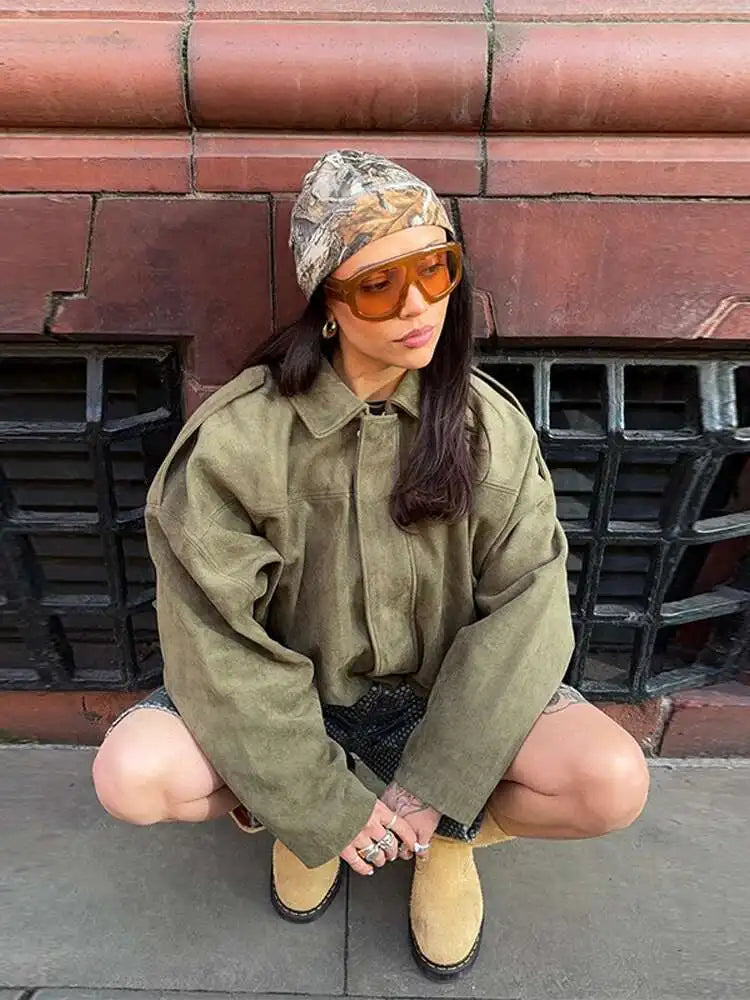 Suede Casual Jacket Women Zipper Turn-Dwon Collar Oversized Long Sleeve 2025 Spring Coat Female Green Street Lady Outwear Tops