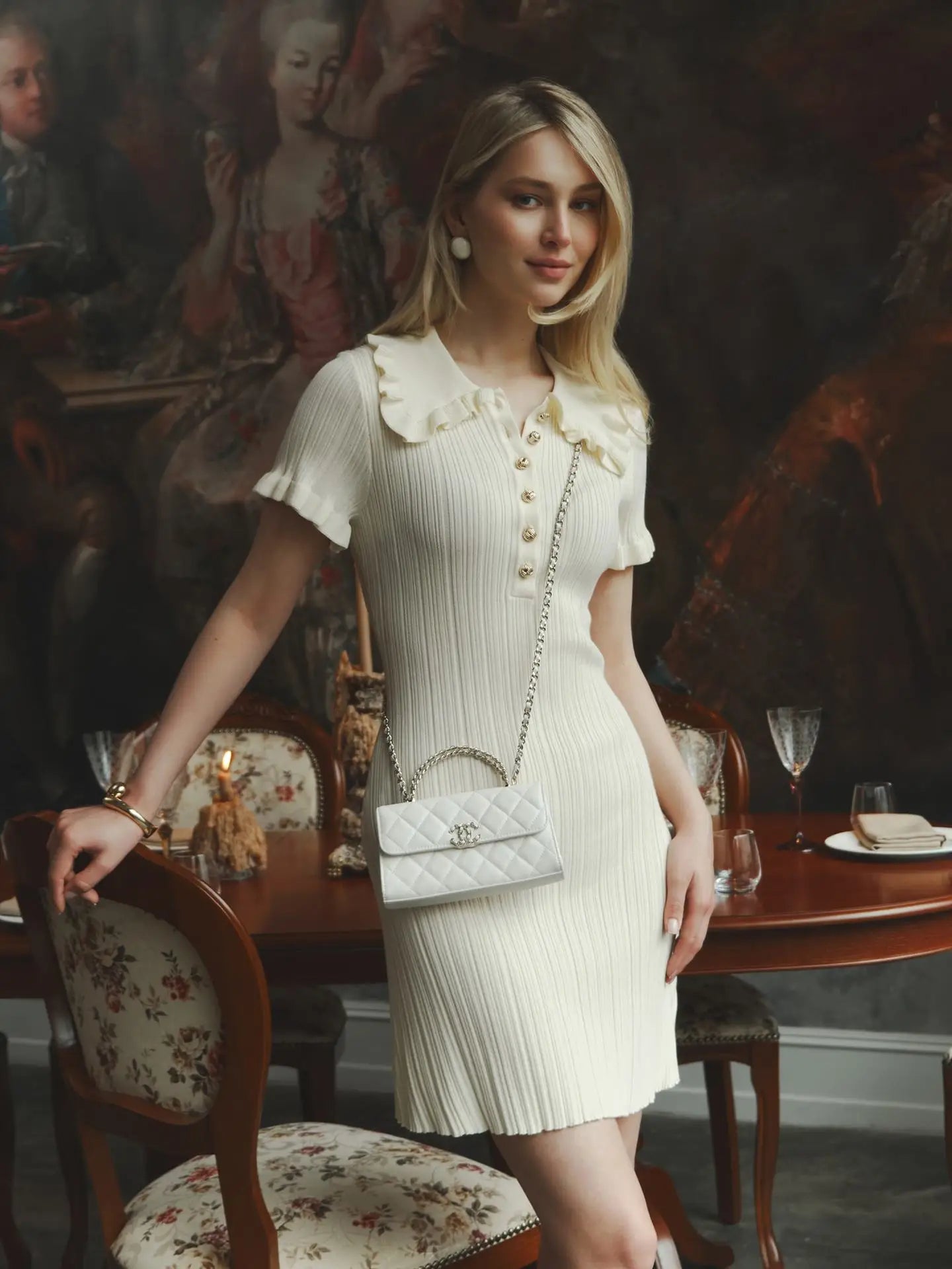 Elegant Knitted Dress Women's Vintage Ruffles Lapel Short Sleeve Bodycon Dresses Female Casual Summer White Yellow Pink Black