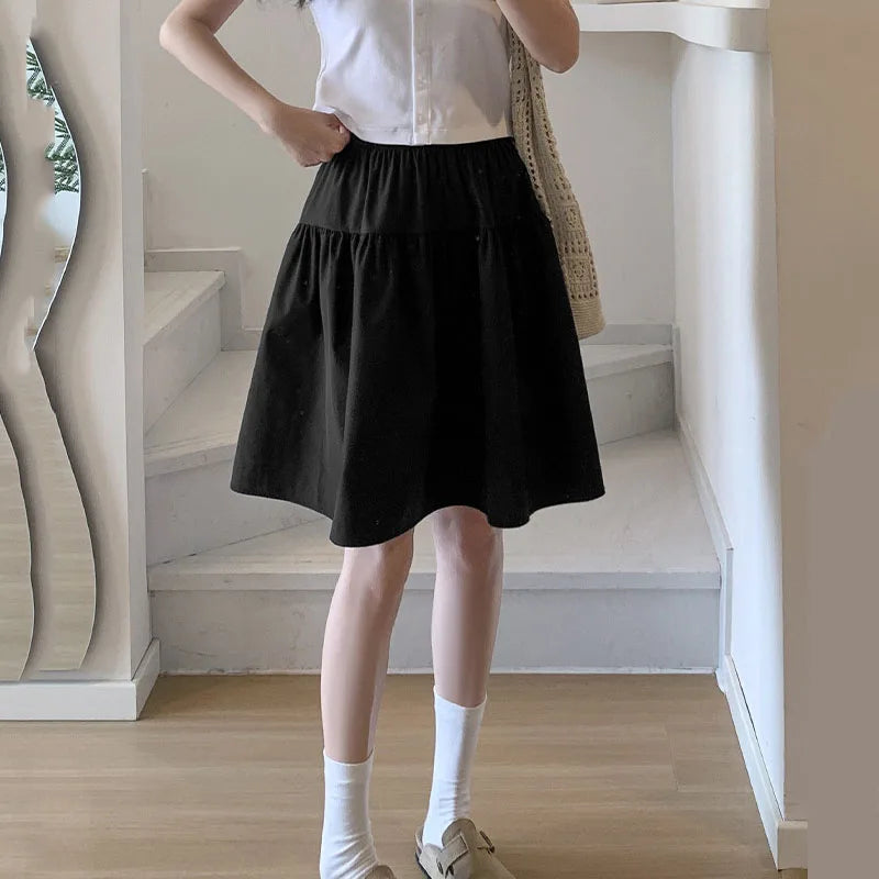 Japanese Style Loose Short Skirt Women College Style Elastic Waist with Pockets Student Skirts Girl All-Match Casual Solid Skirt