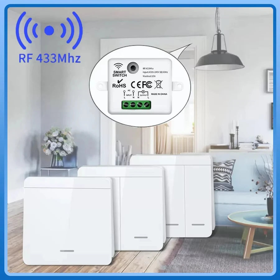 433MHz 1/2/3Gang 86 Wall Panel Switch Wireless Smart Switch Light with Remote Control Interruptor 10A 110V 220V For LED Lamp
