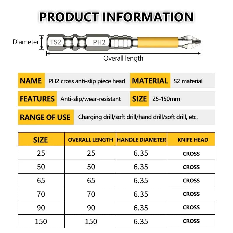 Non-slip High Hardness and Strong Magnetic Bit PH25/50/65/70/90/150mm Cross High Hardness Hand Tool Electric Drill  Bit Screw
