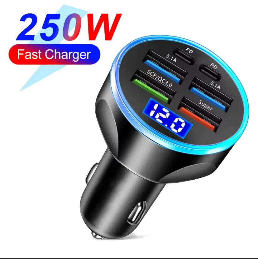 250W PD Car Charger QC3.0 Fast Charge One to Six Car Cigarette Lighter Plug 5 Port Car Charger Flash Charge with Digital Display