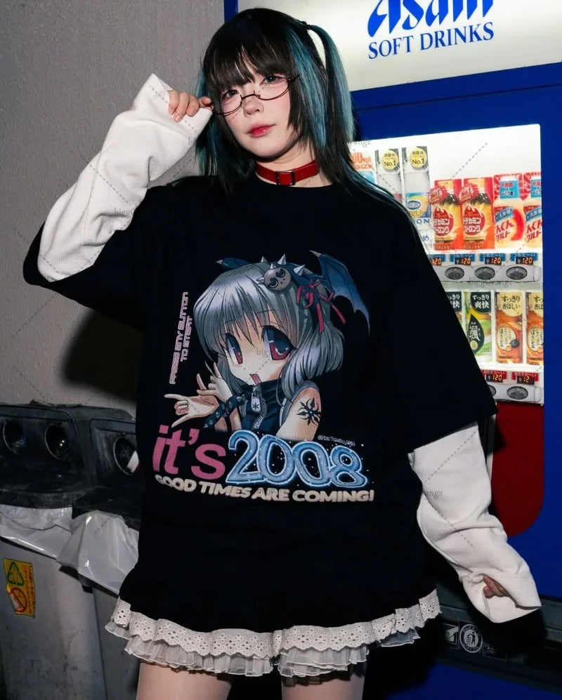 Kawaii Harajuku Y2K Streetwear Anime Graphic Tops Women Casual Round Neck Long Sleeve T-shirt Gothic Retro Fake Two-piece Men
