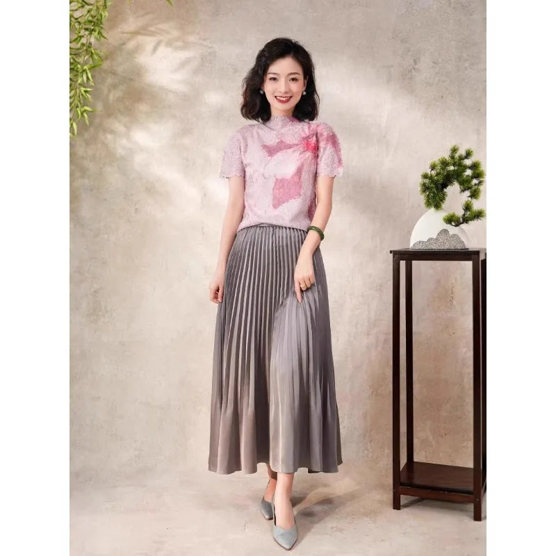 Summer Miyake Pleated Round Neck T-shirt Short-sleeved Printed Top Simple Loose Large Size with Stretch Thin Breathable Clothing