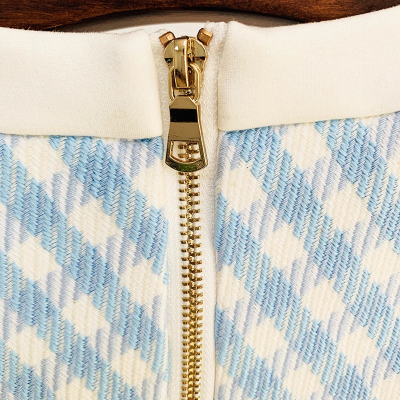 HIGH STREET Newest Fashion 2025 Fall Winter Designer Women's Short Sleeve Lion Buttons Color Block Plaid Tweed Dress