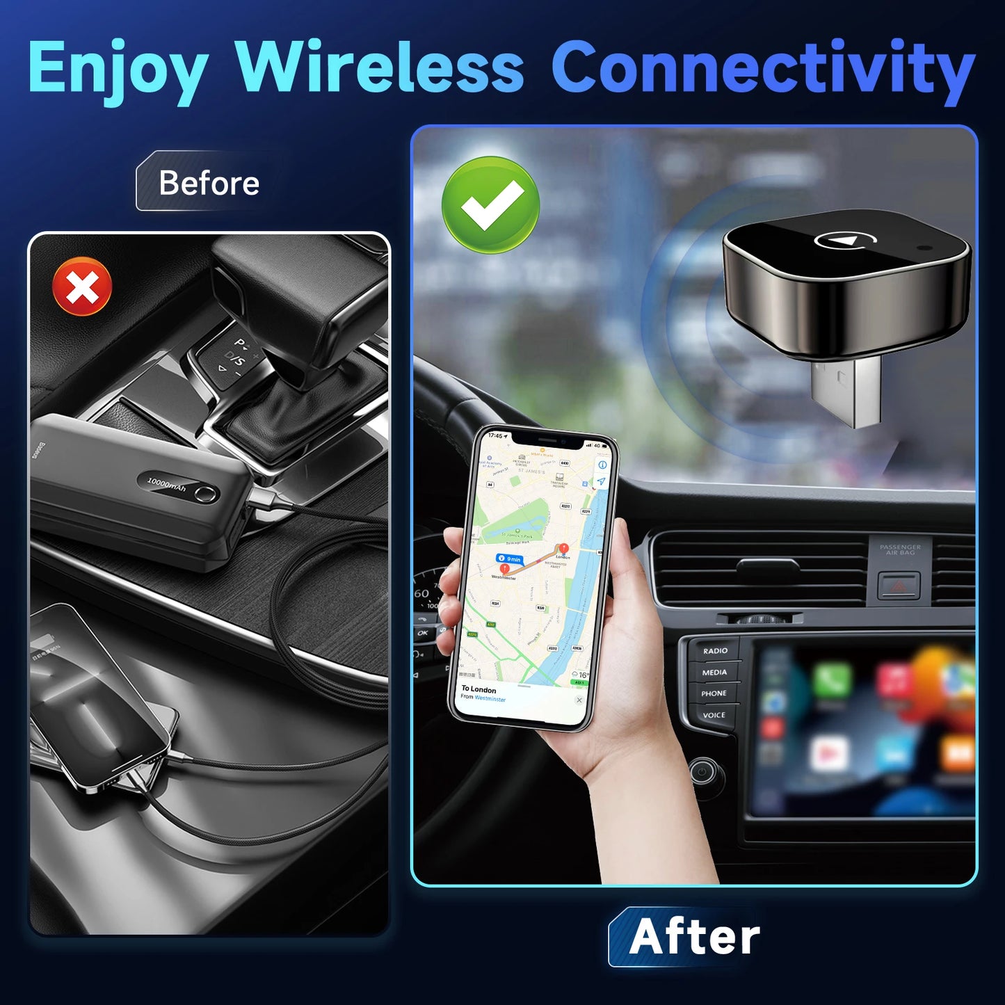 Pionray 2in1 Wireless CarPlay Adapter Android Auto AI Smart Box Car Intelligent Systems For VW Toyota Nissan Honda Ford Benz