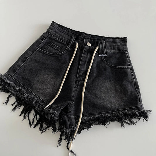 Women's Fashion Raw Edge Washed Denim Shorts 2025 Summer New Korean High Waisted Loose Wide Leg Pants Chic Drawstring Shorts