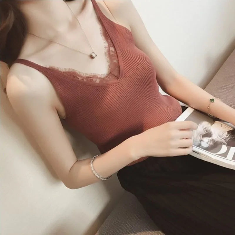Clearance_1Pc Women's Vest Lace Top V-neck Solid Knit Tank Ladies Sleeveless Fashion Lace Patchwork Slim Sexy Suspenders Summer_