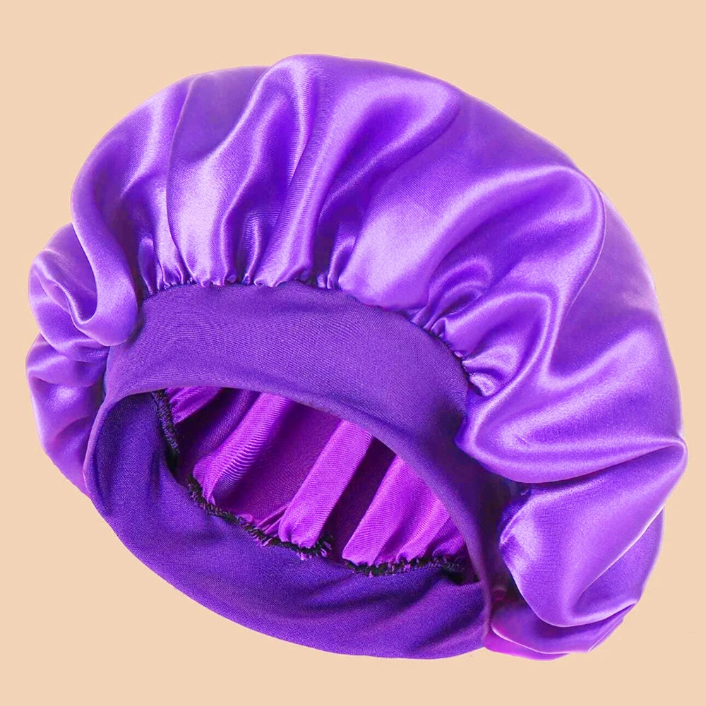 1pc Women's Solid Color Satin Wide-Brimmed Shower Cap, Suitable For Daily Use Silk Bonnet Satin Bonnet