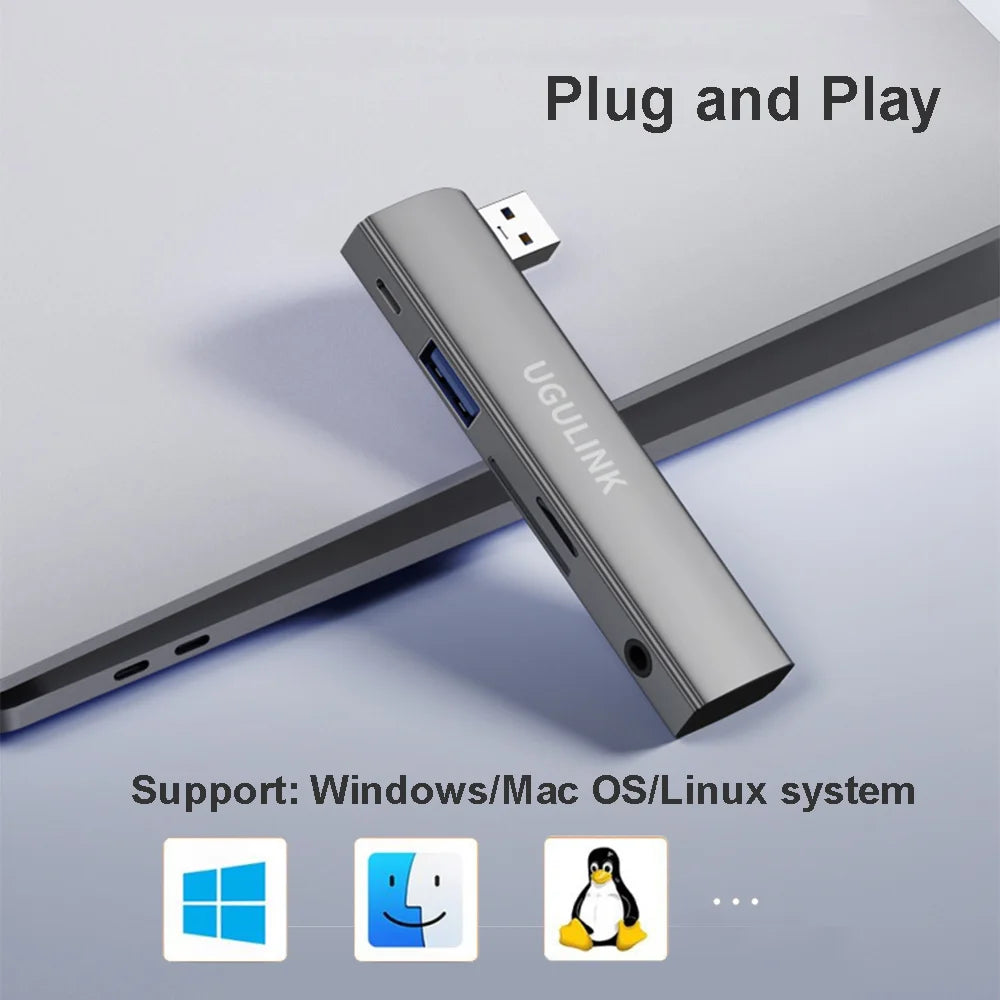 90 Degree Type-C USB 3.0 6 in 1 Hub  to PD60W  TF/SD 3.5mm Jack Adapter Cables Card Read For Samsung Xiaomi Huawei iphone 15 pro