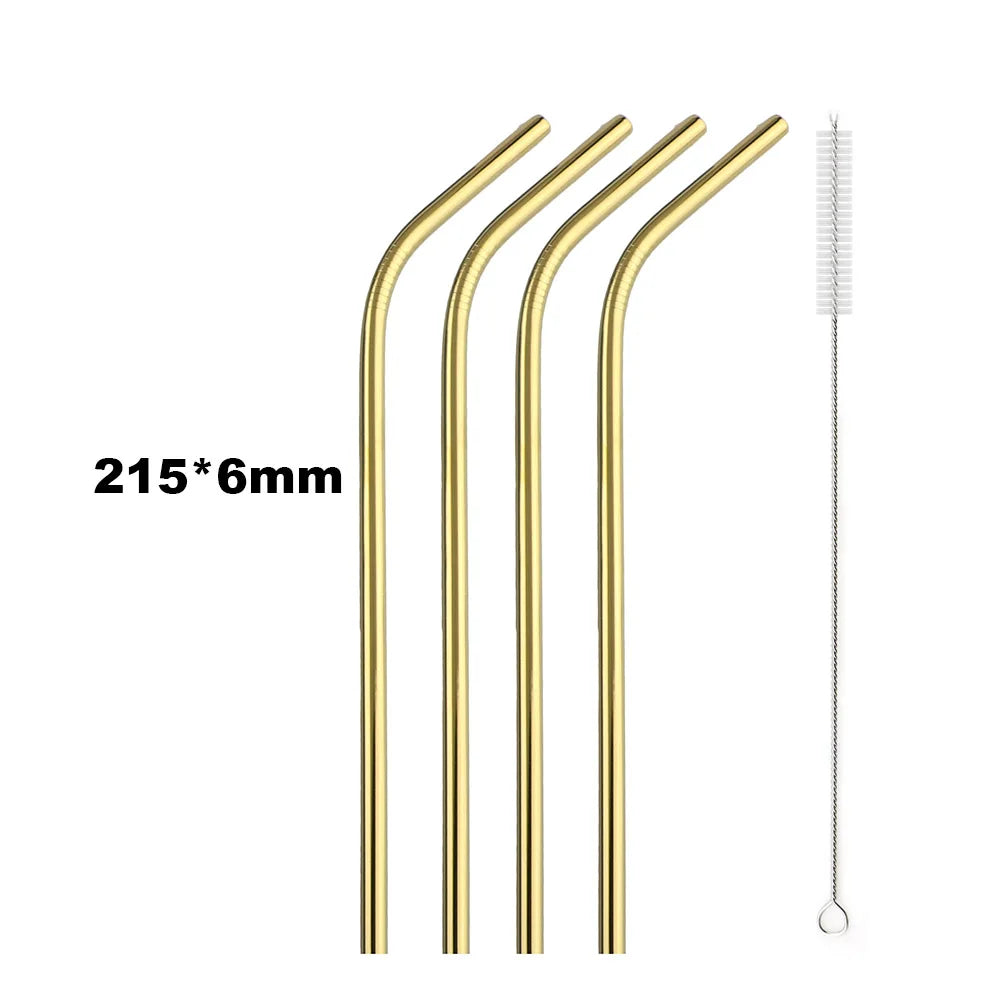 Clearance_Reusable Metal Drinking Straws 304 Stainless Steel Sturdy Bent Straight Drinking Straw with Cleaning Brush Bar Party A
