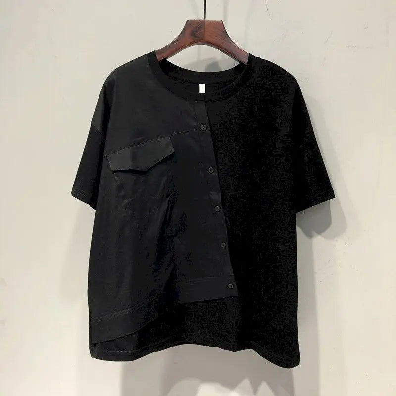 Unique Chic T Shirt Women Fashion Patchwork Design Short Sleeve T-shirt Casual Loose Niche Button Design Top Summer Trend Tshirt
