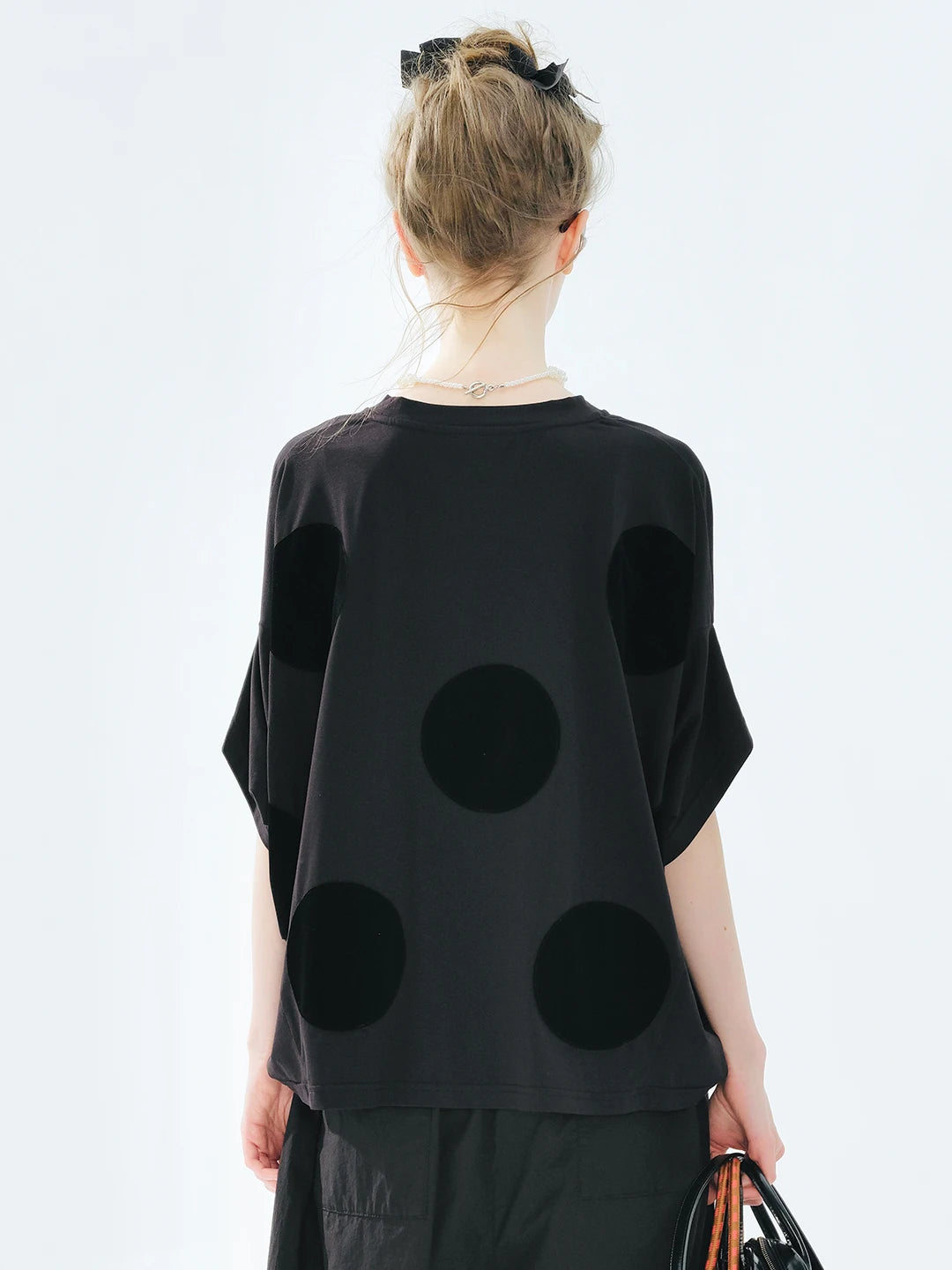 Women's Black Top Short Sleeve Round Neck Floral Applique Loose Fit Irregular Hem Casual Daily Wear Comfort Styling 255075