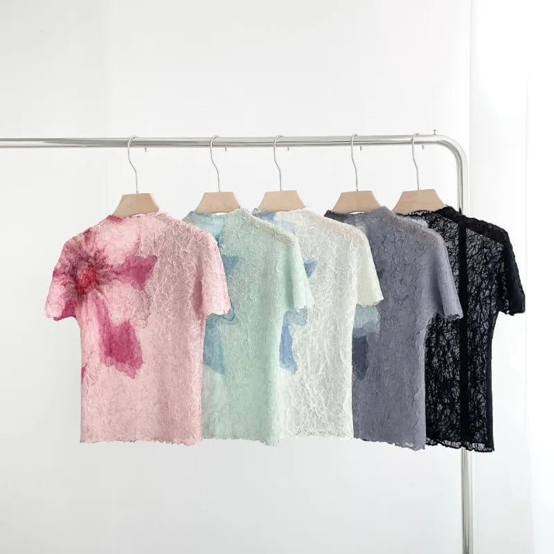 Summer Miyake Pleated Round Neck T-shirt Short-sleeved Printed Top Simple Loose Large Size with Stretch Thin Breathable Clothing