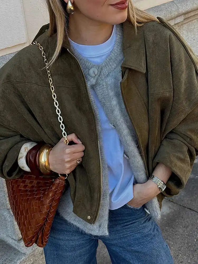 Suede Casual Jacket Women Zipper Turn-Dwon Collar Oversized Long Sleeve 2025 Spring Coat Female Green Street Lady Outwear Tops