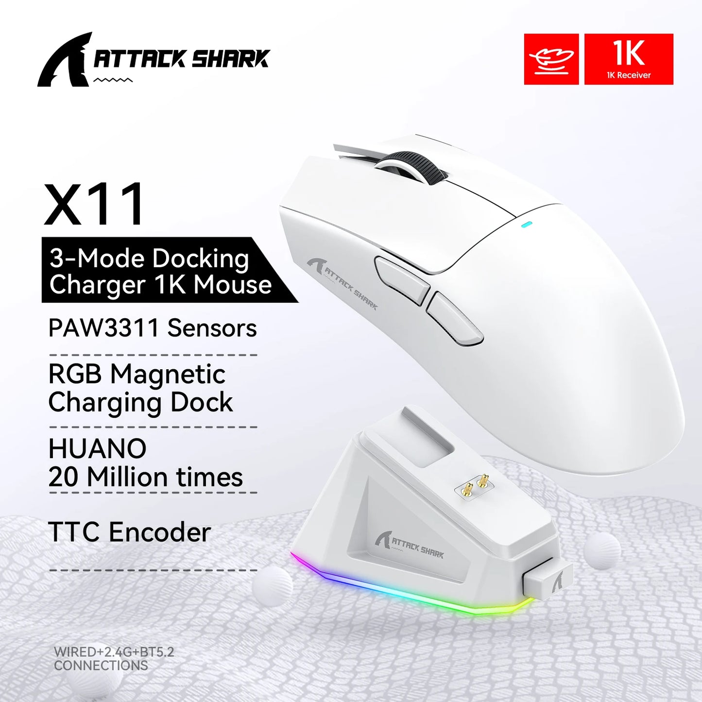 Attack Shark X11 3-Mode Connection /2.4GHz/Bluetooth ,PAW3311 ,400IPS,22K000DPI,RGB ,PC  Wireless Gaming Mouse