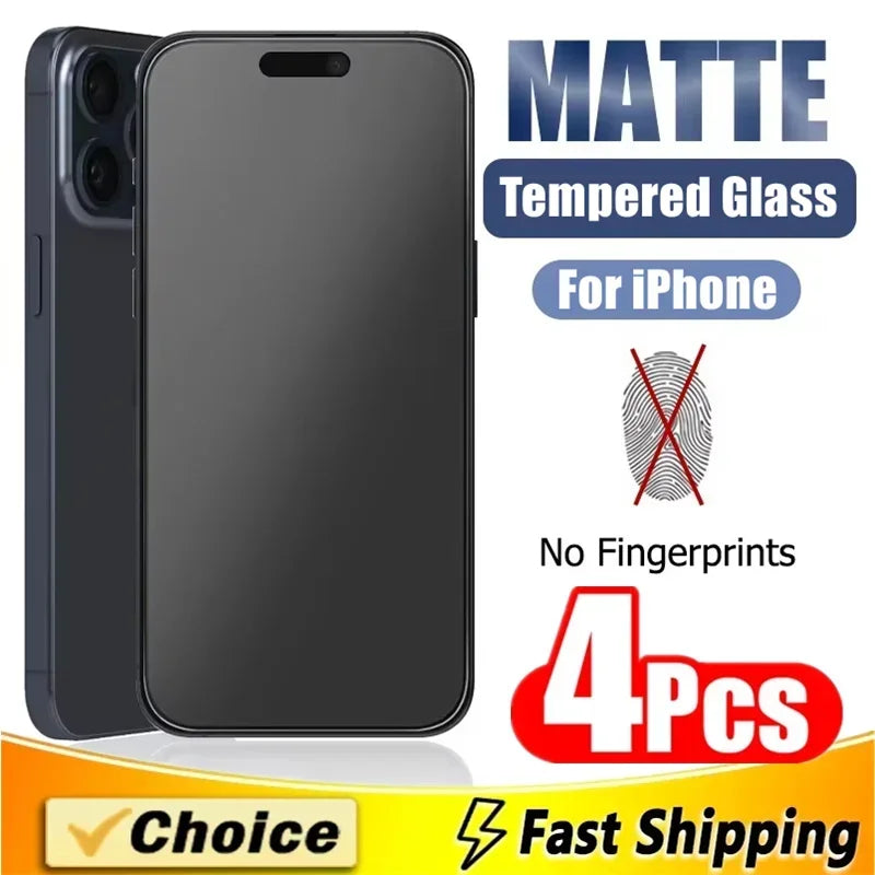 4Pcs Matte Tempered Glass For iPhone 14 13 12 11 15 Pro Max 7 8 16 Plus Frosted Screen Protector For iPhone 17 PRO X XR XS MAX