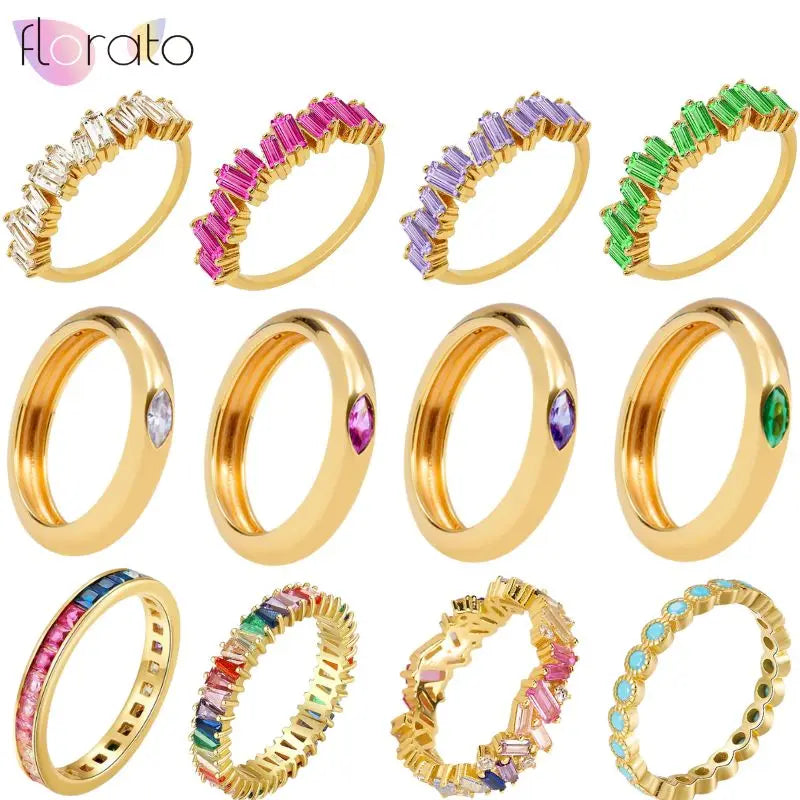 24K Gold Europe United States Retro Personality Lrregular Design Colored Zircon Ring Women's Noble Luxurious Wedding Jewelry