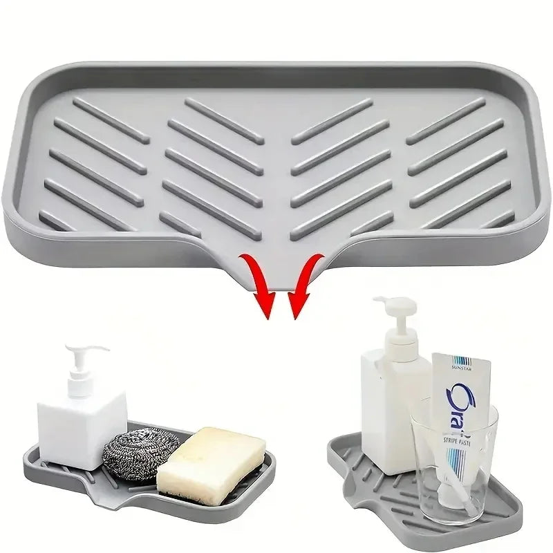 Multifunctional Silicone Sink Tray with Drain - Soap Holder, Sponge & Brush Organizer for Kitchen & Bathroom