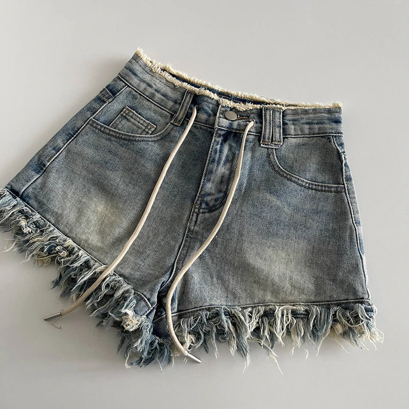 Women's Fashion Raw Edge Washed Denim Shorts 2025 Summer New Korean High Waisted Loose Wide Leg Pants Chic Drawstring Shorts