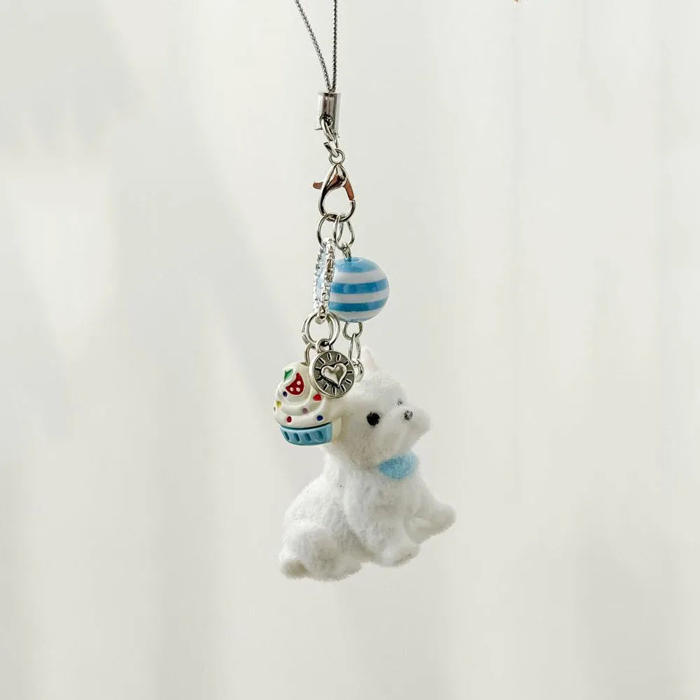 1pc Kawaii Flocking Dog Pendant Phone Lanyard Y2k Cute Dessert Doggy Phone Chain Korean Mobile Phone Charm Keycord Girl Gifts