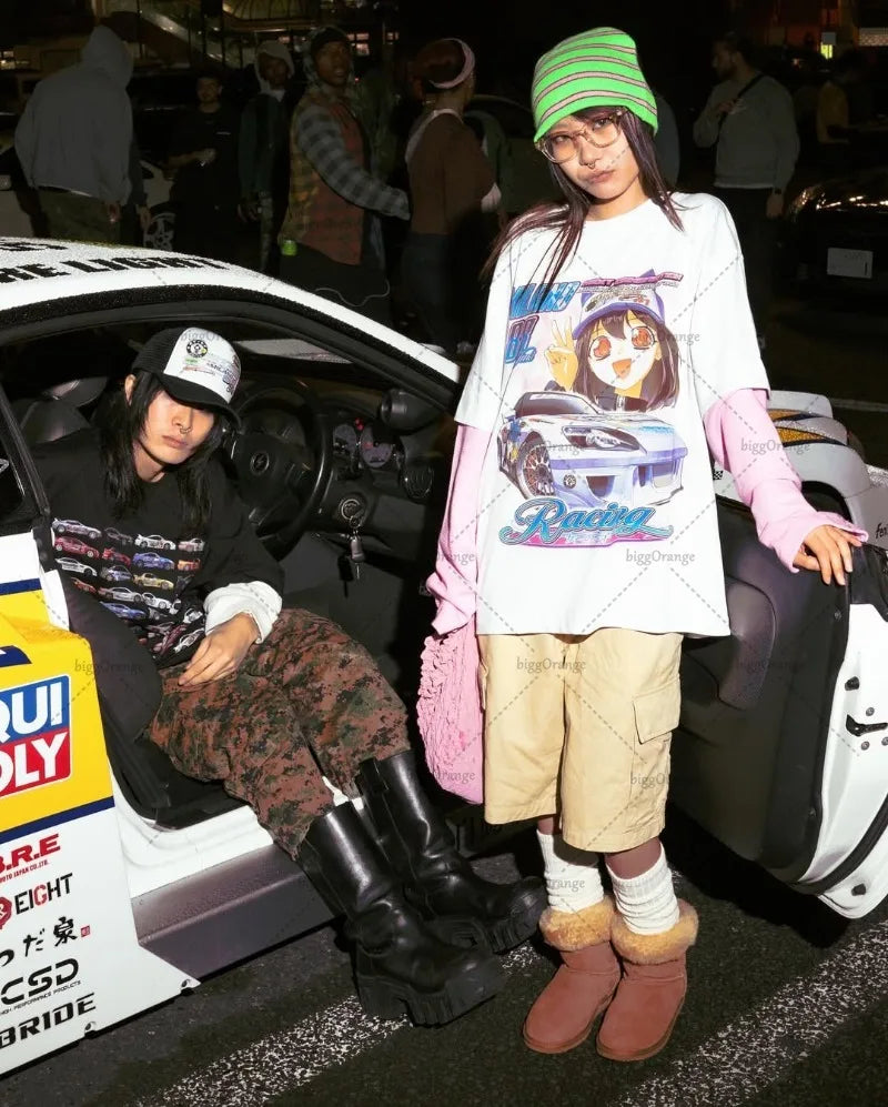 Kawaii Harajuku Y2K Streetwear Anime Graphic Tops Women Casual Round Neck Long Sleeve T-shirt Gothic Retro Fake Two-piece Men