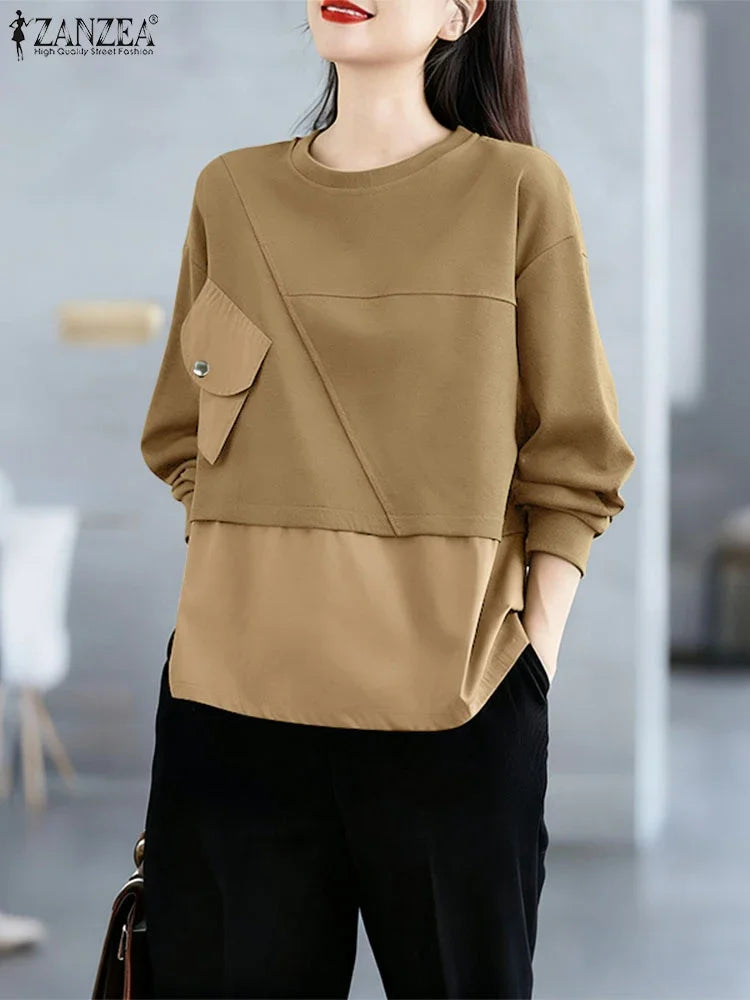 Solid Long Sleeve Sweatshirts Autumn Women Hoodies ZANZEA 2025 Fashion O-Neck Casual Loose Pullovers Patchwork Pockets Outwears
