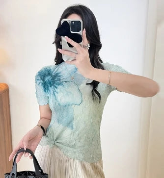 Summer Miyake Pleated Round Neck T-shirt Short-sleeved Printed Top Simple Loose Large Size with Stretch Thin Breathable Clothing