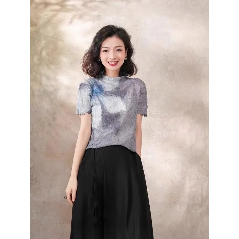 Summer Miyake Pleated Round Neck T-shirt Short-sleeved Printed Top Simple Loose Large Size with Stretch Thin Breathable Clothing