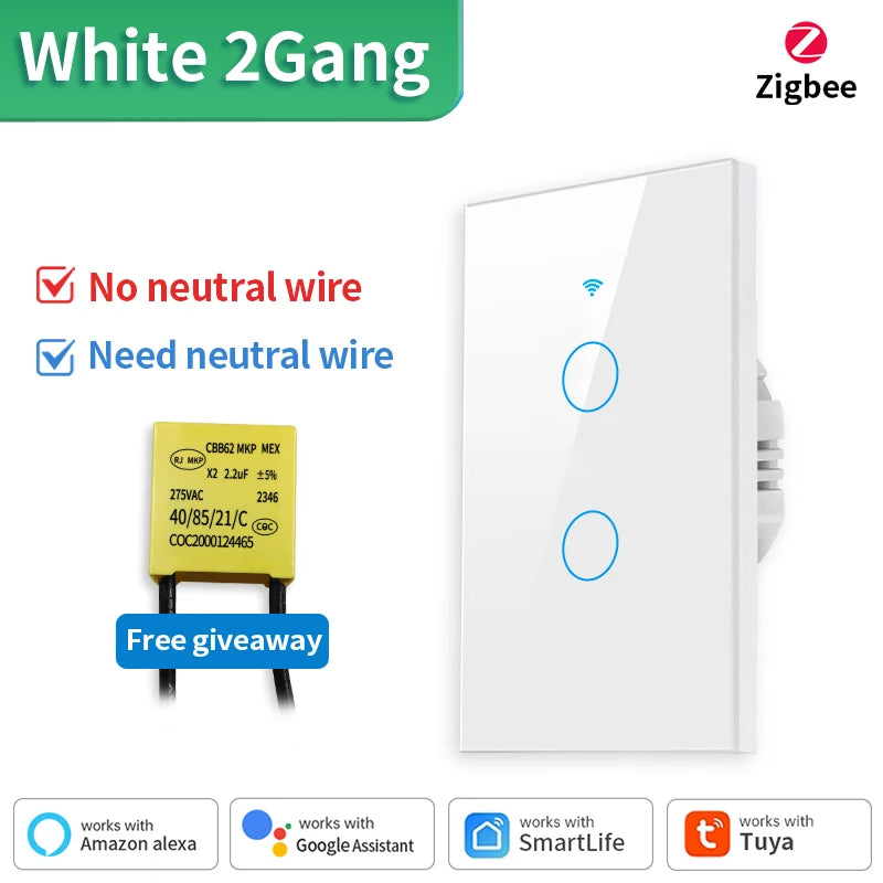 Tuya US WiFi+Bluetooth Smart Switches No Neutral Wire Required 1/2/3/4 Gang Light WiFi Touch Switch Work with Alexa Google Home