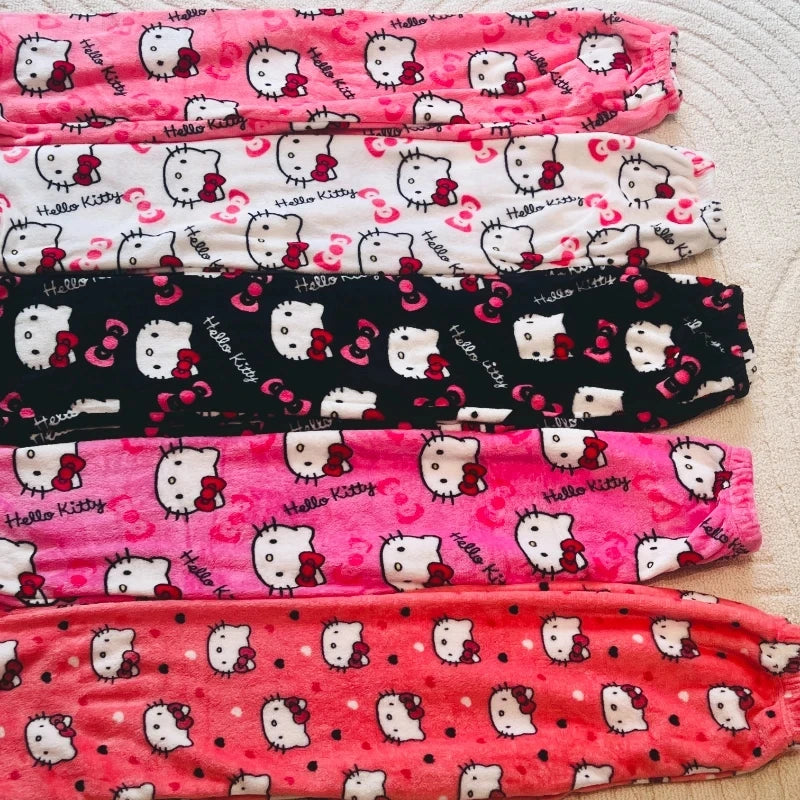 Sanrio Hello Kitty Flannel Pajamas  Y2k Kawaii Anime Women'S Warm Woolen Cartoon Casual Home Pants Autumn Winter Fashion Trouser