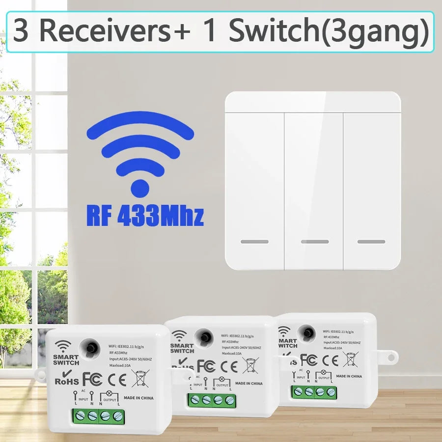 433MHz 1/2/3Gang 86 Wall Panel Switch Wireless Smart Switch Light with Remote Control Interruptor 10A 110V 220V For LED Lamp