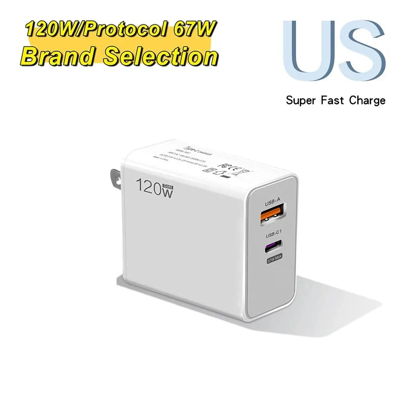 120W USB Fast Charger With Type C Cable Fast Charging Adapter For iPhone 16 Samsung Xiaomi Huawei PD Cell Phones Quick Charger