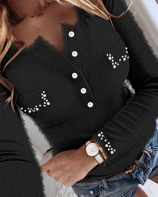 Women's Bloues Fashion Fuzzy Buttoned Beaded Long Sleeve Round Neck Skinny Top Ladies Casual Basics Pullover Tee 2023 Autumn