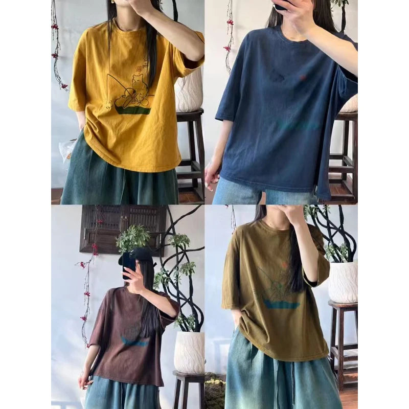 Masss Wasss 2025 Summer Fashion Tops Womens Printed Cartoon Loose O Neck T-shirts Females Classic Casual Vintage Cotton Clothes