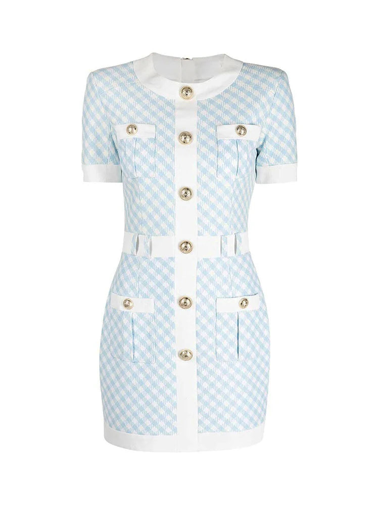 HIGH STREET Newest Fashion 2025 Fall Winter Designer Women's Short Sleeve Lion Buttons Color Block Plaid Tweed Dress