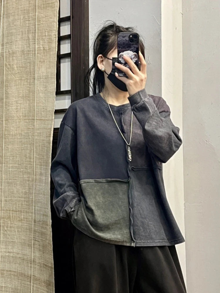 Amax luluE Womens Fashion Patchwork Harajuku Tops 2025 Spring Korean Style Ladies Loose Leisure T-Shirts Vintage Classic Clothes