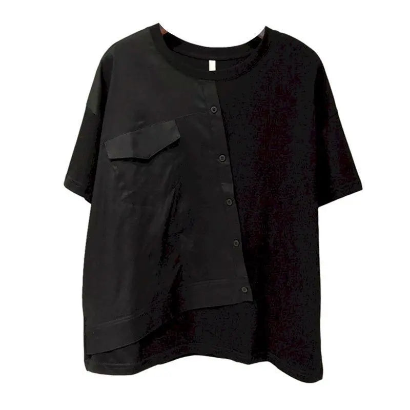 Unique Chic T Shirt Women Fashion Patchwork Design Short Sleeve T-shirt Casual Loose Niche Button Design Top Summer Trend Tshirt