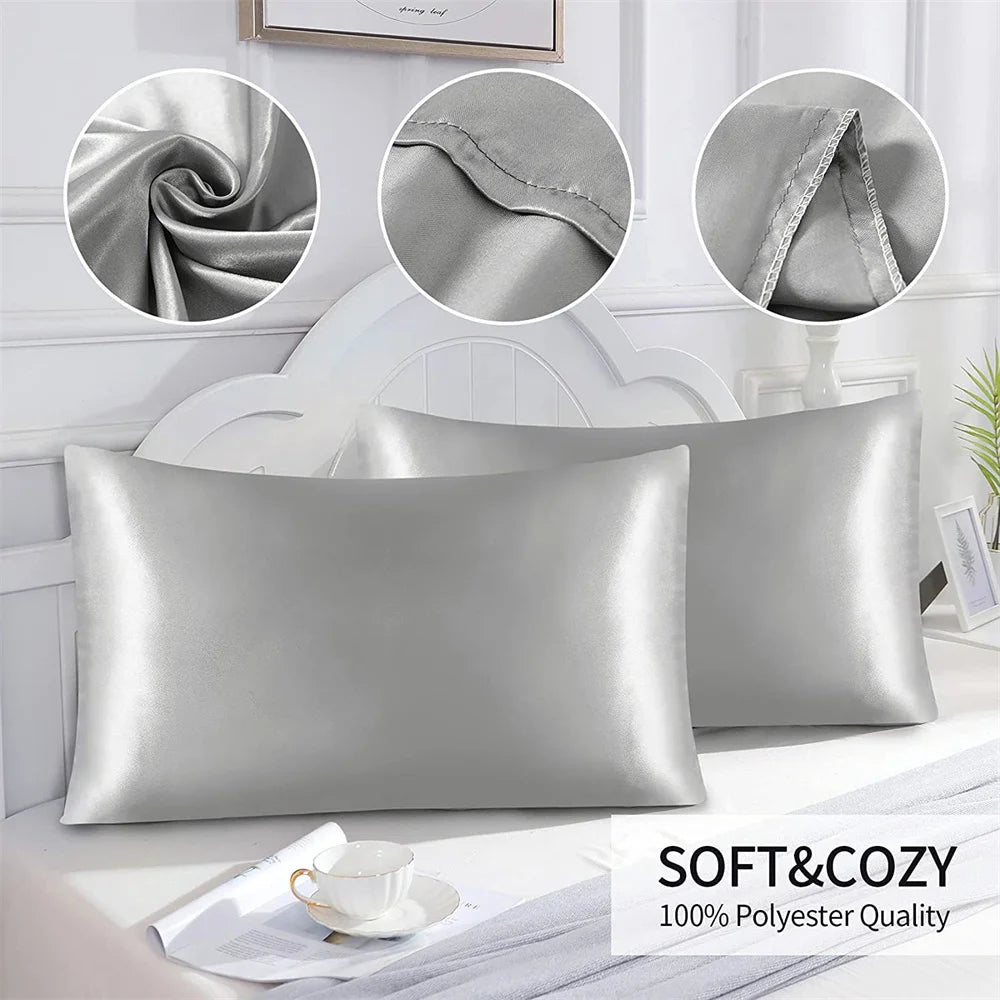 1pc Simulated Silk Smooth Plain Pillowcase Soft Double-sided White Black Grey Khaki Blue Pink Pillow Case Skin Friendly Bedding