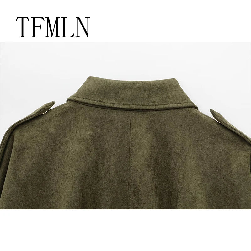 TFMLN New Fashion Suede Fabric Women Bomber Jackets 2025 Causal Long Sleeve Zipper Loose Coats Cropped Jacket Outwear