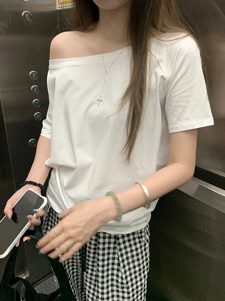 T-shirts Women Solid Simple Summer Casual Cleanfit Short Sleeve All-match Young Girls Streetwear Y2k Top Aesthetic Clothes Ins