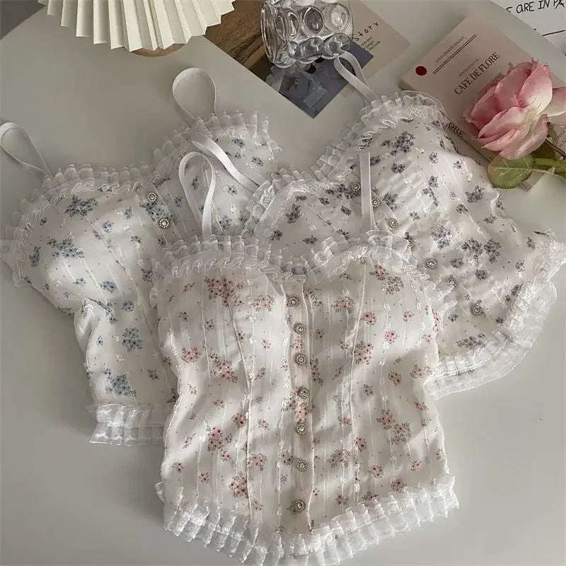 Korean Women Lace Tank Tops Back-beautiful Underwear Summer Floral Tube Tops French Wood Ear-hem Camisole ropa de mujer